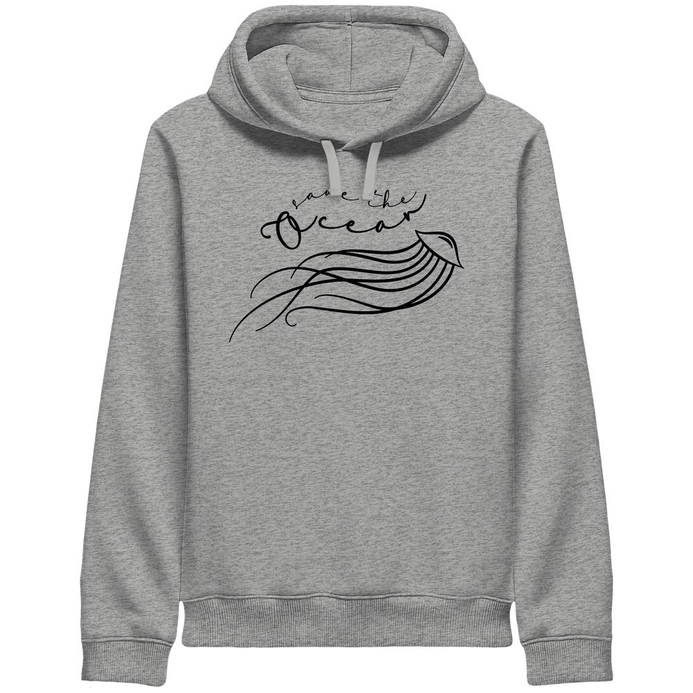 Vegan und Bio Unisex Side Pocket Hoodie: Jellyfish - Save the Ocean, heather-grauer Hoodie mit einem minimalistischen Quallendesign und dem Slogan „Save the Ocean“ auf der Brust.