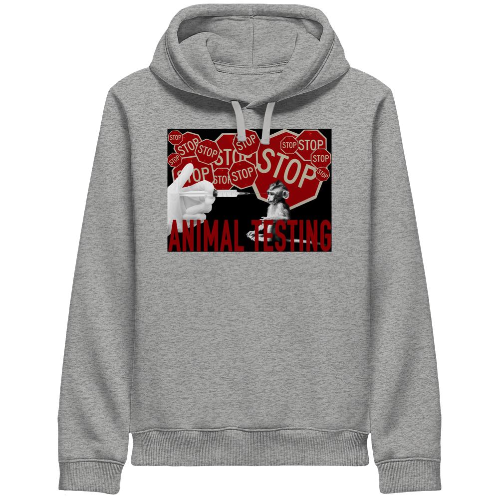 Vegan und Bio Unisex Side Pocket Hoodie: STOP ANIMAL TESTING! zeigt Grafik mit STOP-Schildern, Spritze und Affe, fordert Ende von Tierversuchen.