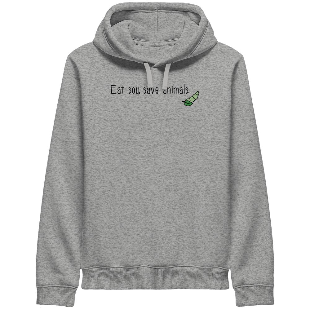Vegan und Bio Unisex Side Pocket Hoodie mit Eat soy, save animals-Slogan und Sojabohnen-Grafik auf der Brust, mit Kapuze und Seitentaschen.