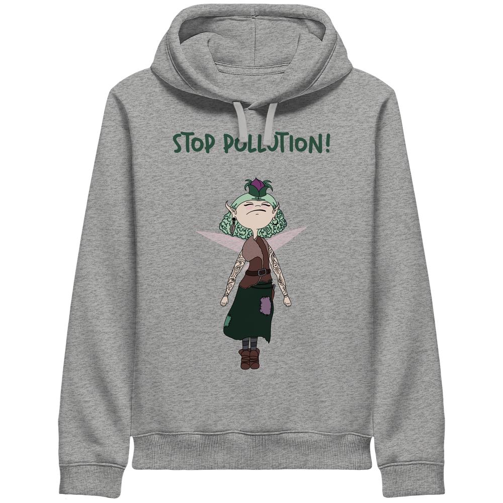 Vegan und Bio Unisex Side Pocket Hoodie: STOP POLLUTION! - Krawall Fee mit grünem Schriftzug und tätowierter, umweltbewusster Fee auf hellgrauem Hoodie, betont Nachhaltigkeit.