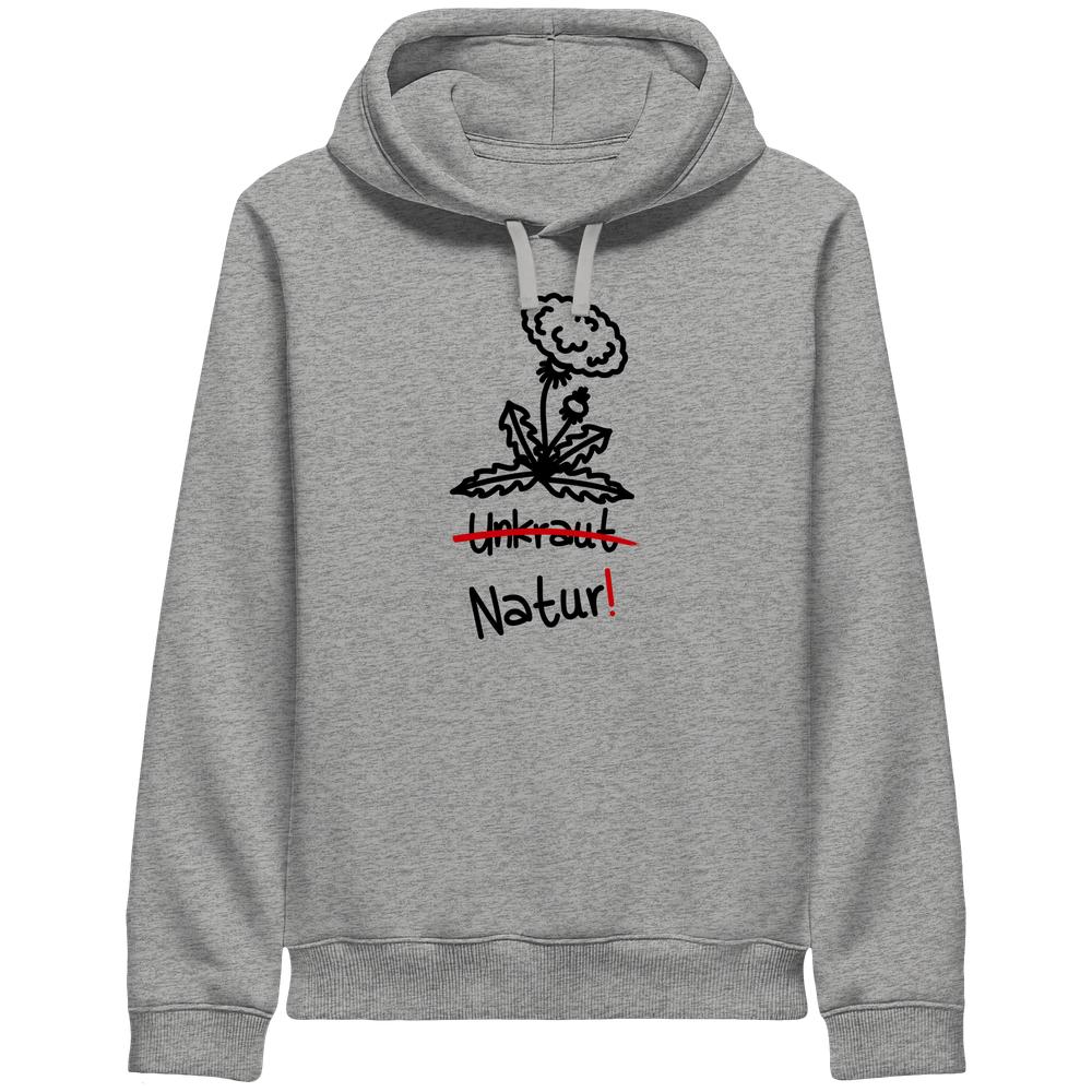 Vegan und Bio Unisex Side Pocket Hoodie: Löwenzahn - Naturschutz zeigt eine gezeichnete Blume mit durchgestrichenem Unkraut und betontem Natur! auf der Brust, symbolisiert Naturschutz.