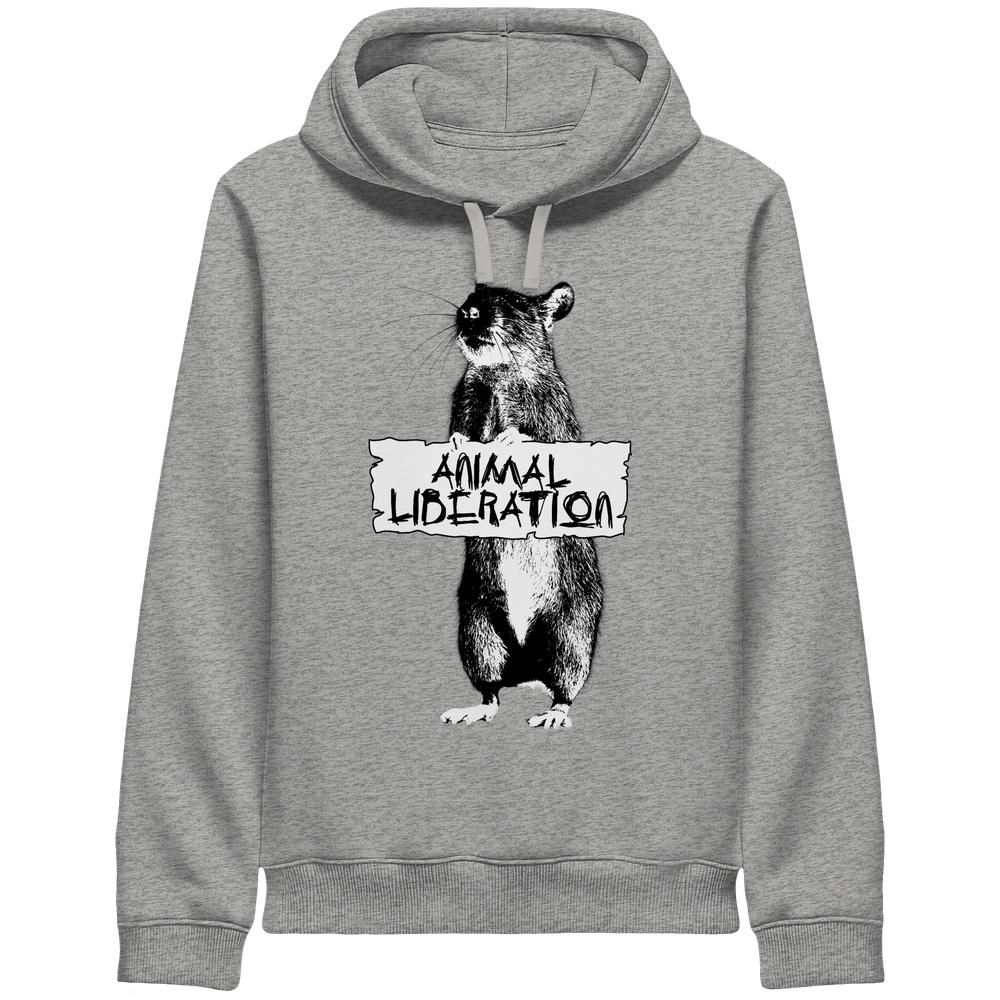 Grauer Unisex-Hoodie mit Kapuze, zeigt eine Ratten-Illustration mit Animal Liberation-Schild. Hergestellt aus Bio-Baumwolle und recyceltem Polyester.