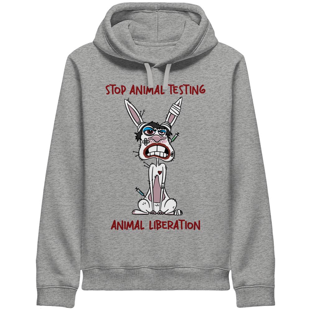 Vegan und Bio Unisex Side Pocket Hoodie mit Cartoon-Kaninchen, das Tierversuche thematisiert. Rote Botschaften: STOP ANIMAL TESTING und ANIMAL LIBERATION. Nachhaltig, rebellisch und umweltfreundlich.