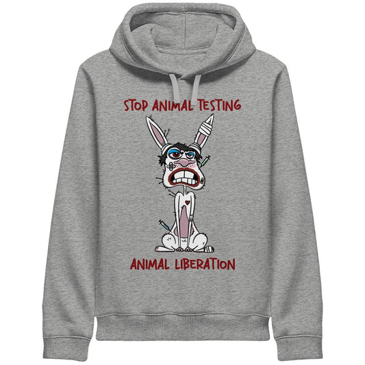 Vegan und Bio Unisex Side Pocket Hoodie mit Cartoon-Kaninchen, das Tierversuche thematisiert. Rote Botschaften: STOP ANIMAL TESTING und ANIMAL LIBERATION. Nachhaltig, rebellisch und umweltfreundlich.
