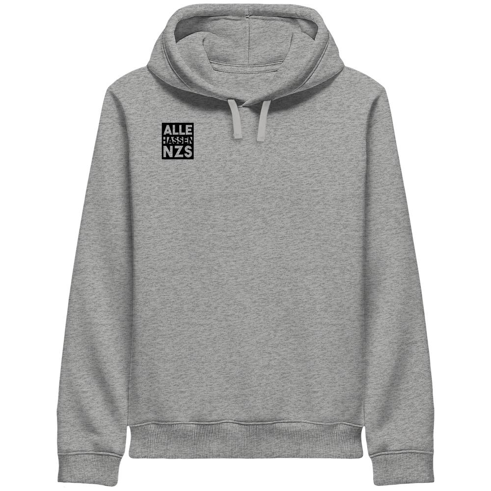 Vegan und Bio Side Pocket Hoodie: ALLE HASSEN NZS!, hellgrau mit schwarzem Emblem und weißem Text auf der Brust, nachhaltige Baumwollmischung, normale Passform, gefütterte Kapuze.