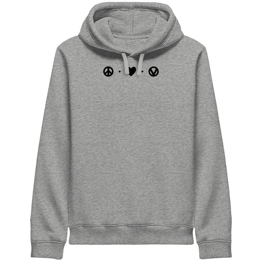 Vegan und Bio Unisex Side Pocket Hoodie mit Peace - Love - Veganism-Design: Grauer Hoodie mit Friedenssymbol, Herz und veganem V. Nachhaltige Bio-Baumwolle und recycelter Polyester.