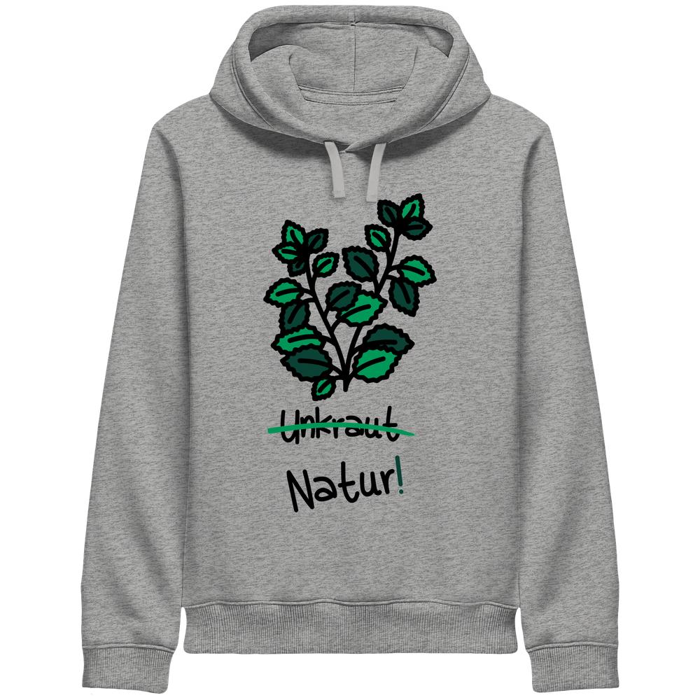 Vegan und Bio Unisex Side Pocket Hoodie: Brennnessel - Naturschutz, mit Pflanzenmotiv und dem durchgestrichenen Wort Unkraut, darunter Natur! in handschriftlichem Stil auf grauem Stoff.