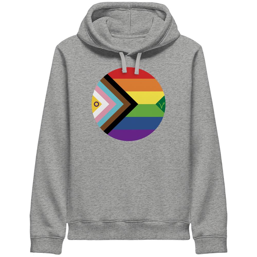 Vegan und Bio Unisex Side Pocket Hoodie: LGBTQAI+ Veganismus zeigt eine Kreismodernisierung der Pride-Flagge, symbolisiert Freiheit und Inklusion, gefertigt aus Bio-Baumwolle und recyceltem Polyester.