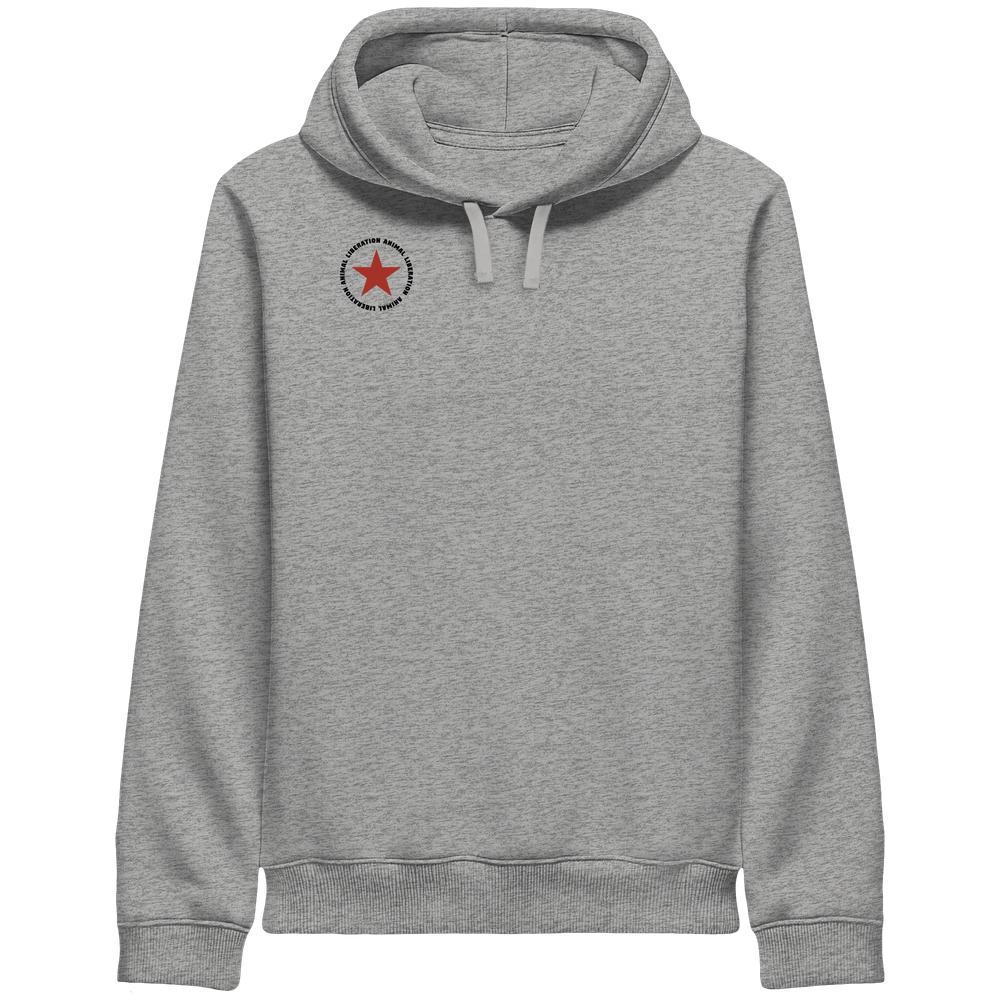 Vegan und Bio Unisex Side Pocket Hoodie: Red Star - Animal Liberation, hellgrauer Hoodie mit Kapuze, rotem Stern-Emblem, Seitentaschen, Bio-Baumwolle und recyceltem Polyester.