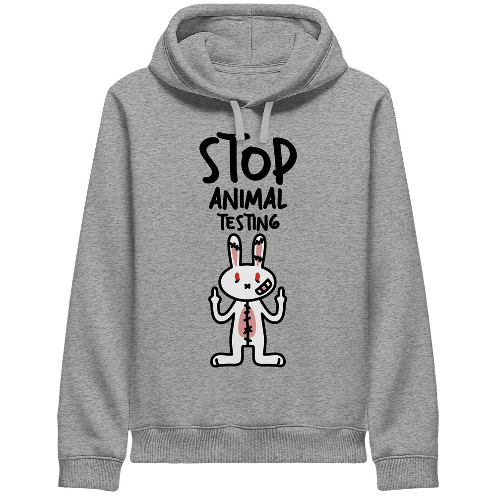 Herren-Kapuzenpullover in Hellgrau mit Frontaufdruck „STOP ANIMAL TESTING“ und Kaninchen