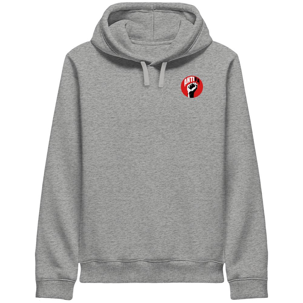 Herren-Hoodie in meliertem Grau mit Kapuze, Kordelzug und Brustlogo „ANTIFA“