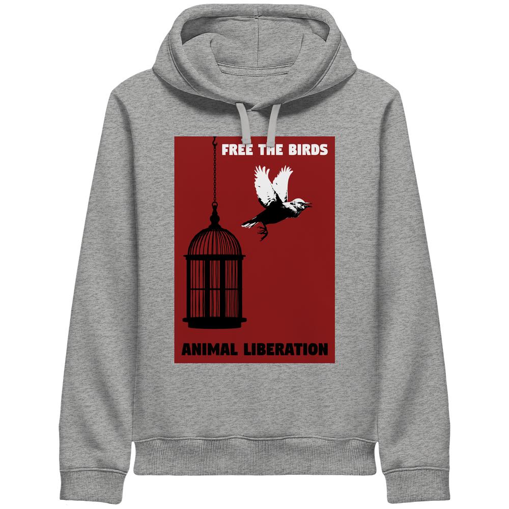 Grauer melierter Hoodie mit Kapuze und Vogel-Käfig-Print vorne