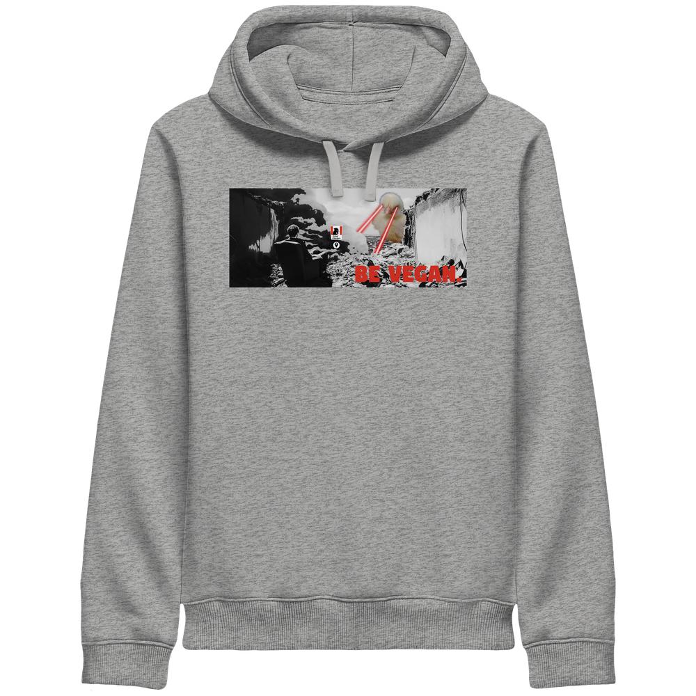 Vegan und Bio Side Pocket Hoodie: BE VEGAN. - Hellgrauer Hoodie mit Grafik von zerstörter Gasse, Figur und Tier mit Laseraugen, Schriftzug BE VEGAN..