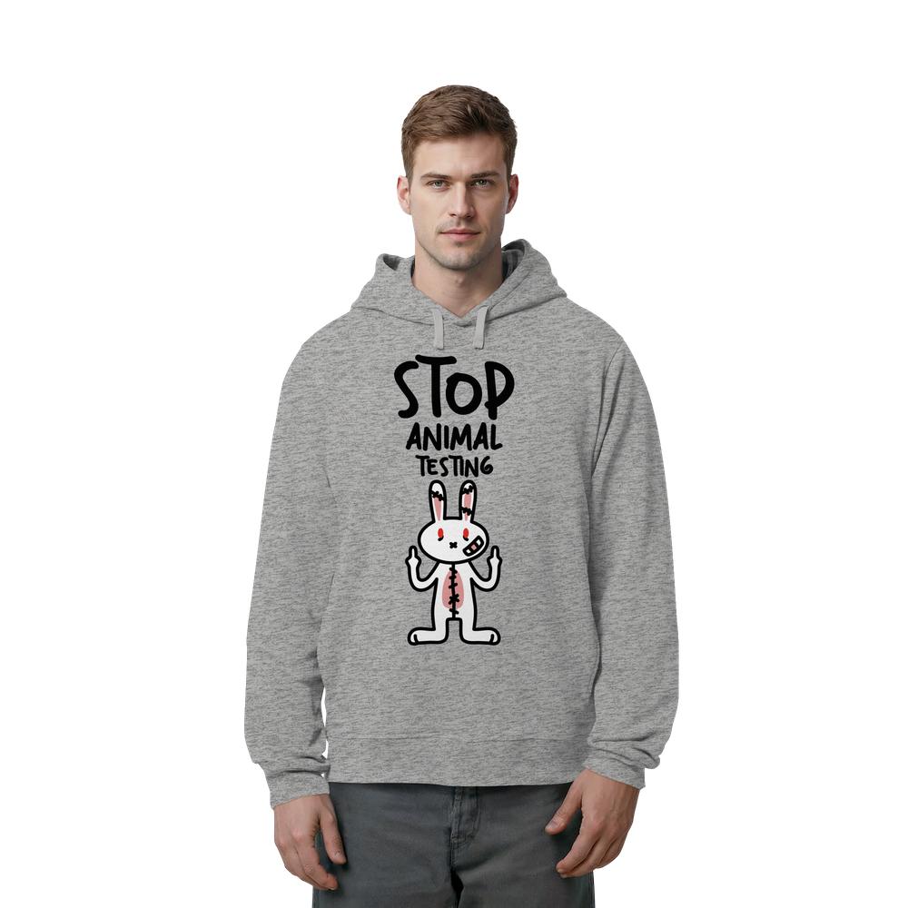 Herren-Kapuzenpullover in Hellgrau meliert mit Aufdruck „STOP ANIMAL TESTING“ und Kaninchen