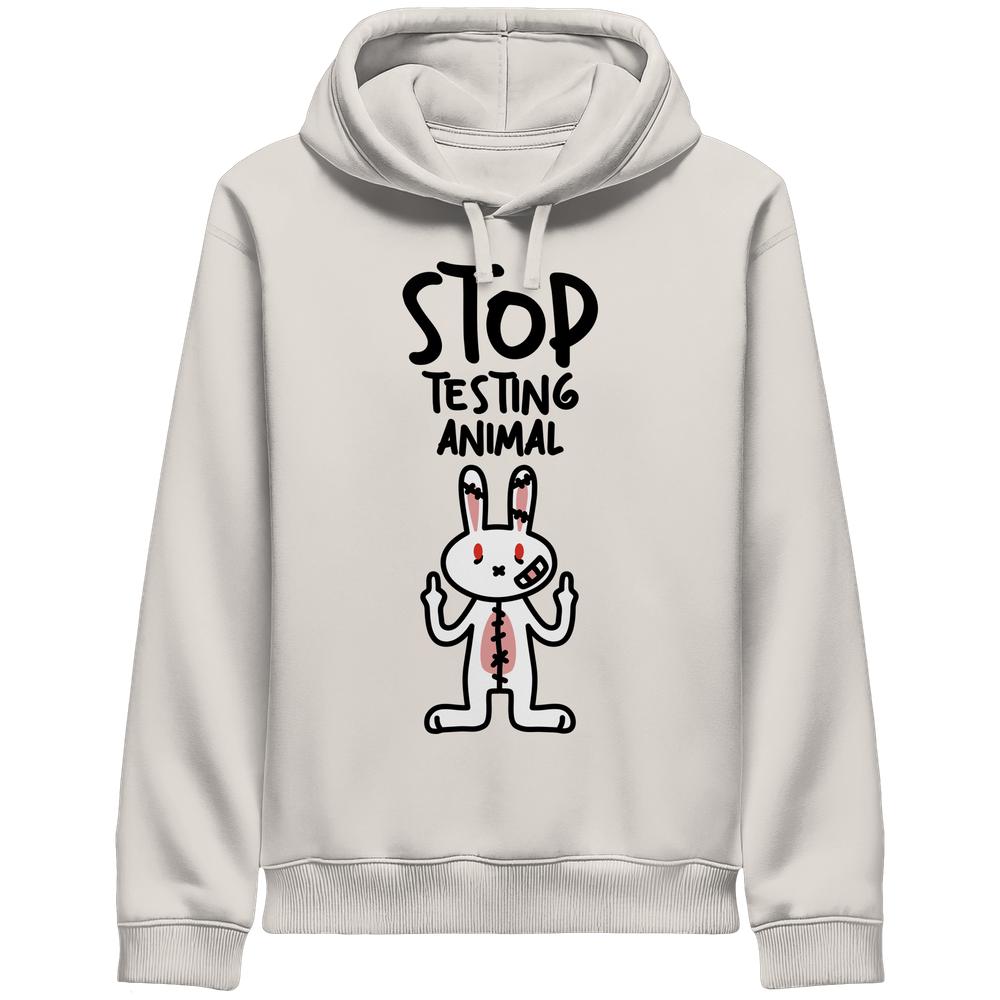 Hoodie mit Kapuze und Grafik eines wütenden Hasen, der ein Statement gegen Tierversuche setzt. Text: STOP TESTING ANIMAL. Veganer, Bio-Side Pocket Hoodie.