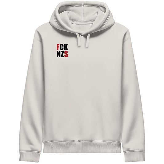 Unisex-Pullover-Hoodie mit Seitentaschen, Aufdruck FCK NZS und roten Highlights, aus 85% Bio-Baumwolle und 15% recyceltem Polyester, von RUDE REBEL.