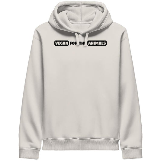 Unisex Bio Hoodie mit Kapuze, Aufdruck VEGAN FOR THE ANIMALS, seitliche Taschen; aus Bio-Baumwolle und recyceltem Polyester, von RUDE REBEL.