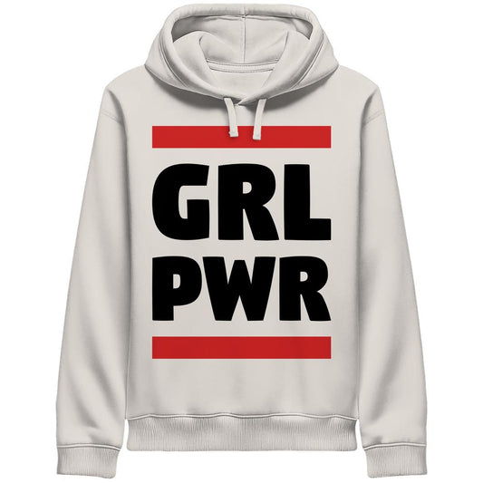 Vegan und Bio Unisex Side Pocket Hoodie: GIRL POWER, Off-White mit „GRL PWR“ in Schwarz, rote Balken. Nachhaltige Materialien, normale Passform, feministische Botschaft.