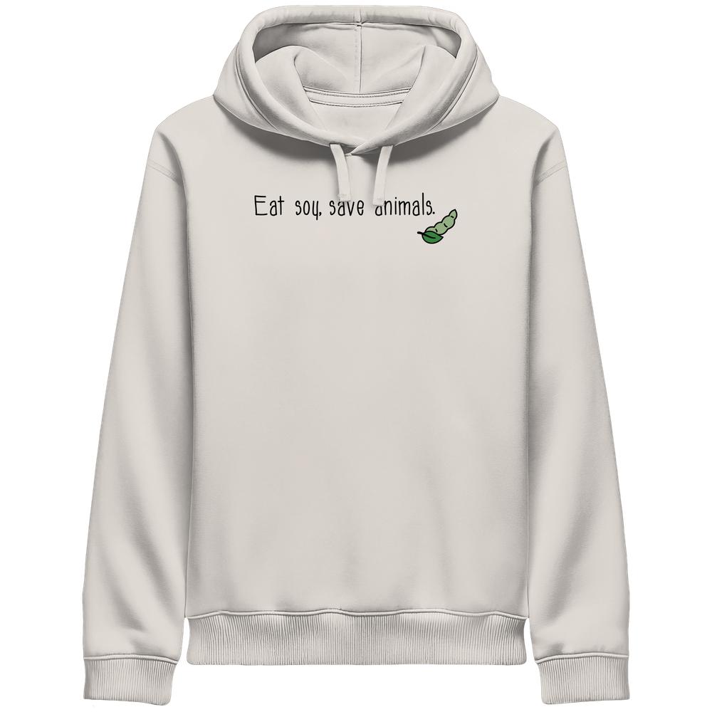 Vegan und Bio Unisex Side Pocket Hoodie mit Slogan Eat soy, save animals. und Sojabohnen-Grafik, Kapuze mit Kordeln, Fronttasche, gerippte Bündchen.