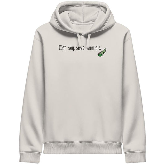 Vegan und Bio Unisex Side Pocket Hoodie mit Slogan Eat soy, save animals. und Sojabohnen-Grafik, Kapuze mit Kordeln, Fronttasche, gerippte Bündchen.
