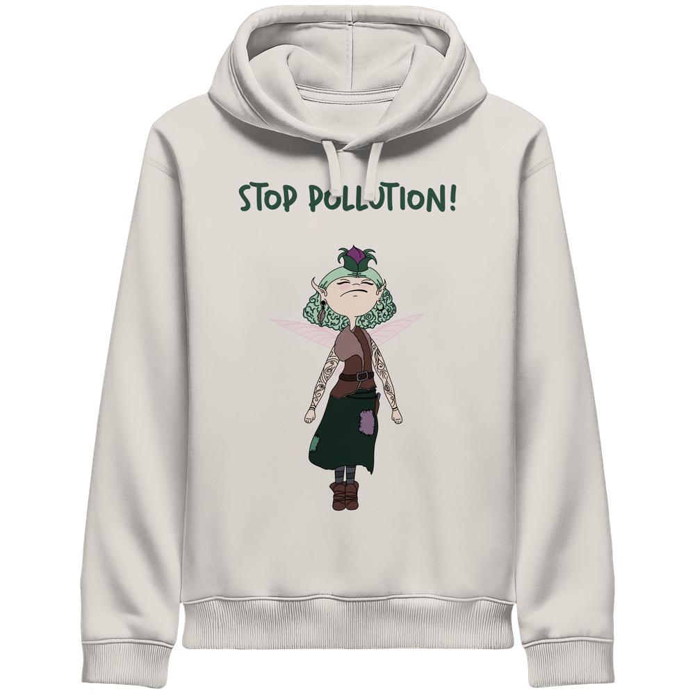 Vegan und Bio Unisex Side Pocket Hoodie mit stilisierter, tätowierter Fee und „STOP POLLUTION!“ Slogan, betont nachhaltige Mode mit rebellischem Design.