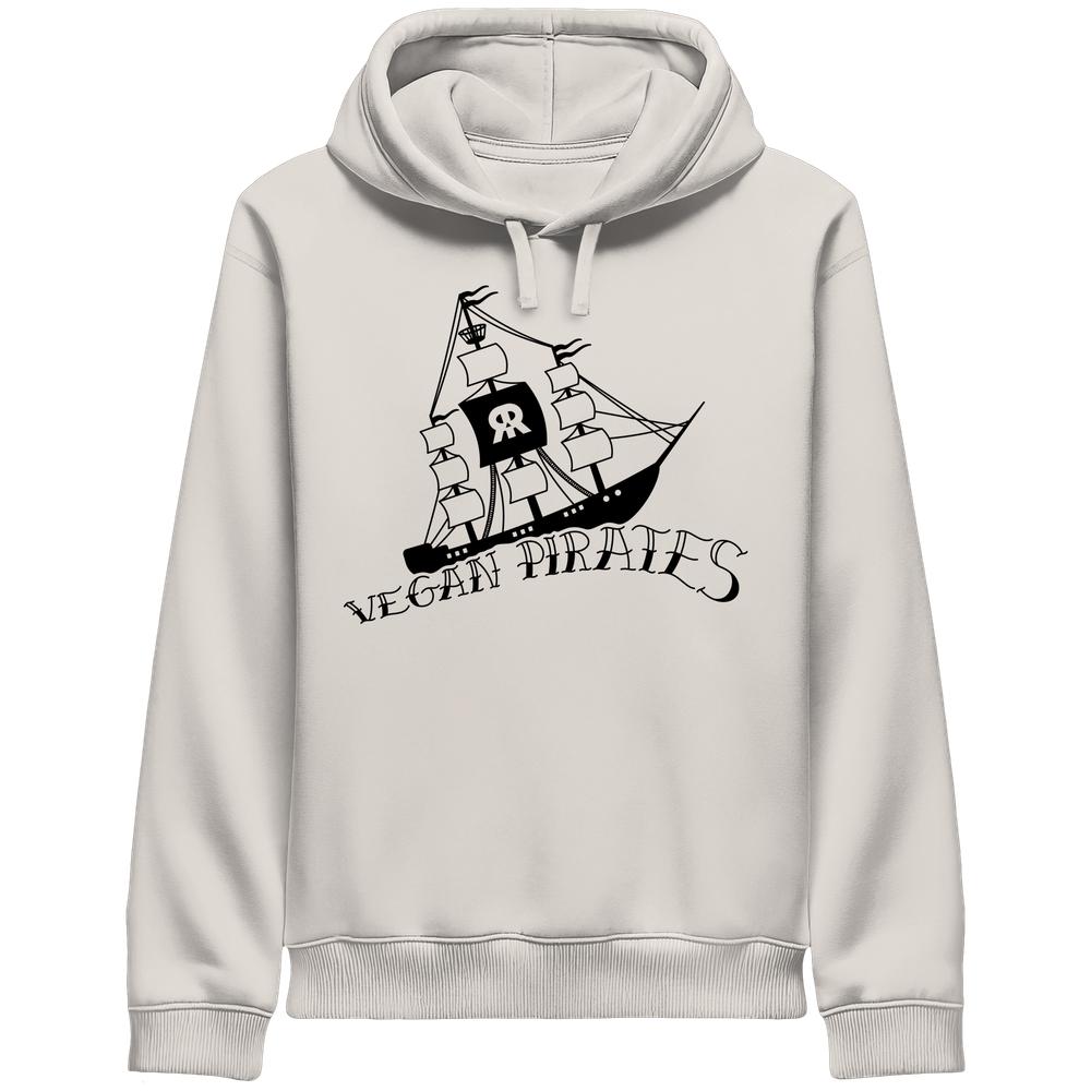 Vegan und Bio Unisex Side Pocket Hoodie: Vegan Pirates, mit klassischem Segelschiffdruck und VEGAN PIRATES-Text, aus Bio-Baumwolle und recyceltem Polyester, rebellisch und nachhaltig.