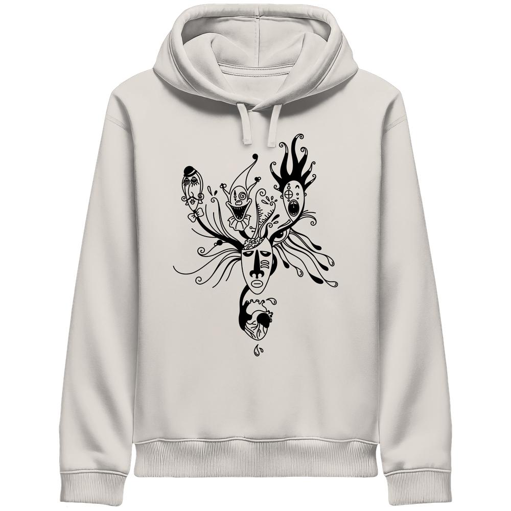 Vegan und Bio Unisex Side Pocket Hoodie: Mental Health - Behind the Mask mit surrealem, monochromen Maskendesign und anatomischem Herz, thematisiert individuelle Facetten.