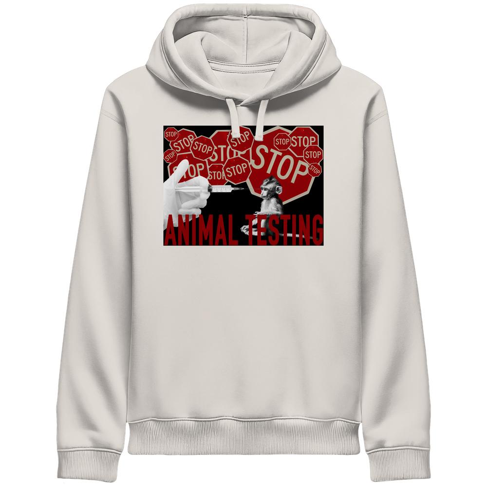 Vegan und Bio Unisex Side Pocket Hoodie: STOP ANIMAL TESTING! mit Anti-Tierversuchs-Design, zeigt Spritze und Affe, unterstrichen von roten STOP-Schildern und Schriftzug.