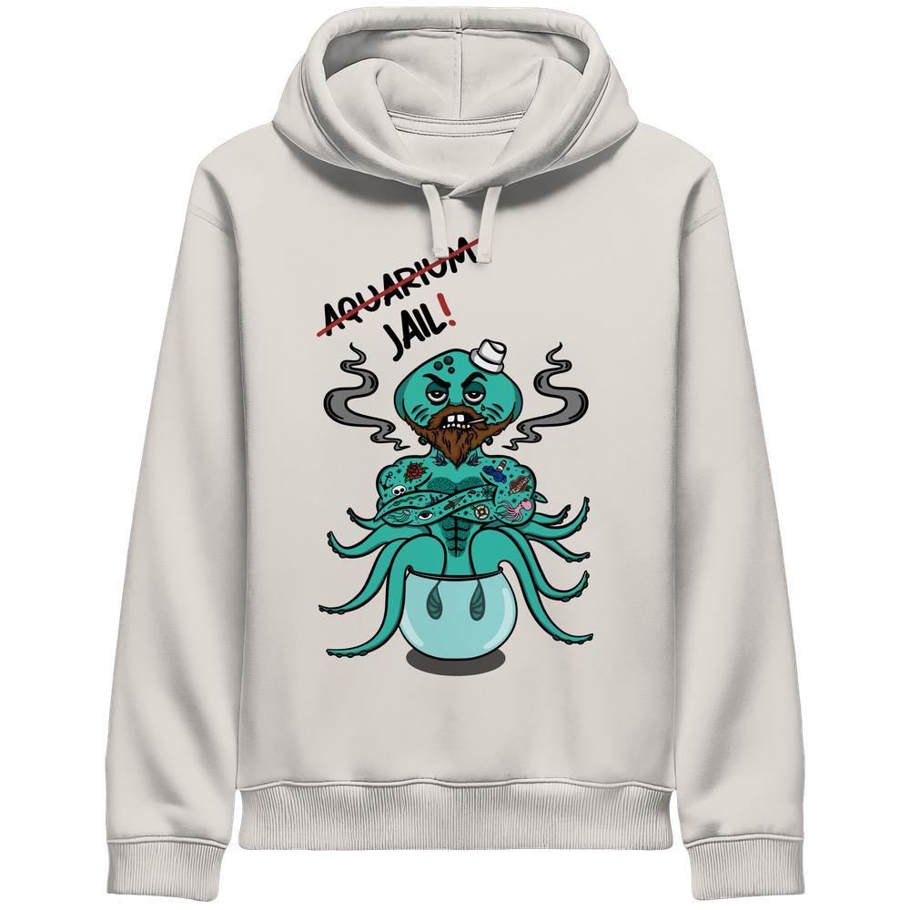 Vegan und Bio Unisex Side Pocket Hoodie: Animal Rights - Aquarium=Jail! zeigt cartoonhaften Oktopus mit Tattoos im Fischglas, kritisiert Gefangenschaft von Meerestieren.