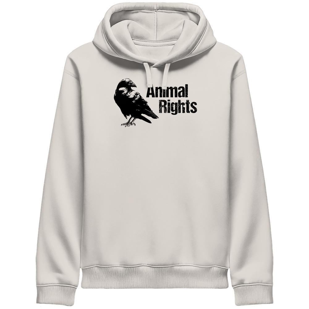Unisex-Hoodie mit Seitentaschen, zeigt Rabensilhouette und Animal Rights-Text. Vegane, nachhaltige Materialien, normaler Schnitt, symbolisiert Tierschutz.