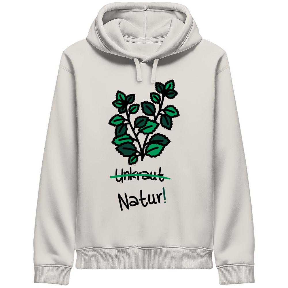 Vegan und Bio Unisex Side Pocket Hoodie mit Unkraut-Grafik und Natur!-Schriftzug, aus Bio-Baumwolle und recyceltem Polyester, von RUDE REBEL.