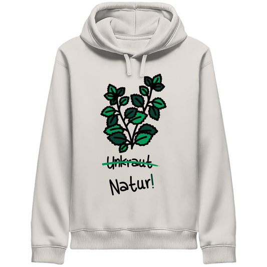 Vegan und Bio Unisex Side Pocket Hoodie mit Unkraut-Grafik und Natur!-Schriftzug, aus Bio-Baumwolle und recyceltem Polyester, von RUDE REBEL.