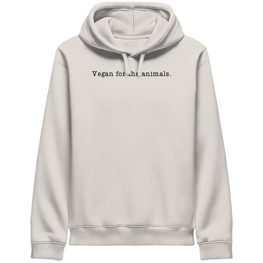 Unisex-Hoodie mit Kapuze, schlichtem Design und seitlichen Taschen. Auf der Brust: „Vegan for the animals“ in Schreibmaschinen-Schrift. Hergestellt aus Bio-Baumwolle und recyceltem Polyester.