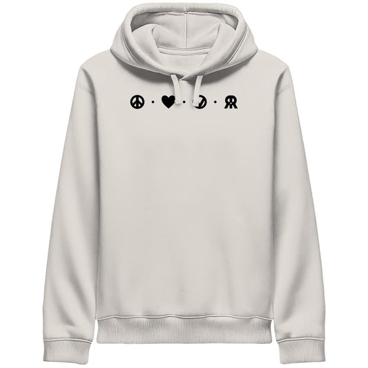 Vegan und Bio Unisex Side Pocket Hoodie: Peace - Love - Veganism - RUDE REBEL mit Symbolen für Frieden, Liebe, Veganismus und Rebellion, aus Bio-Baumwolle und recyceltem Polyester.