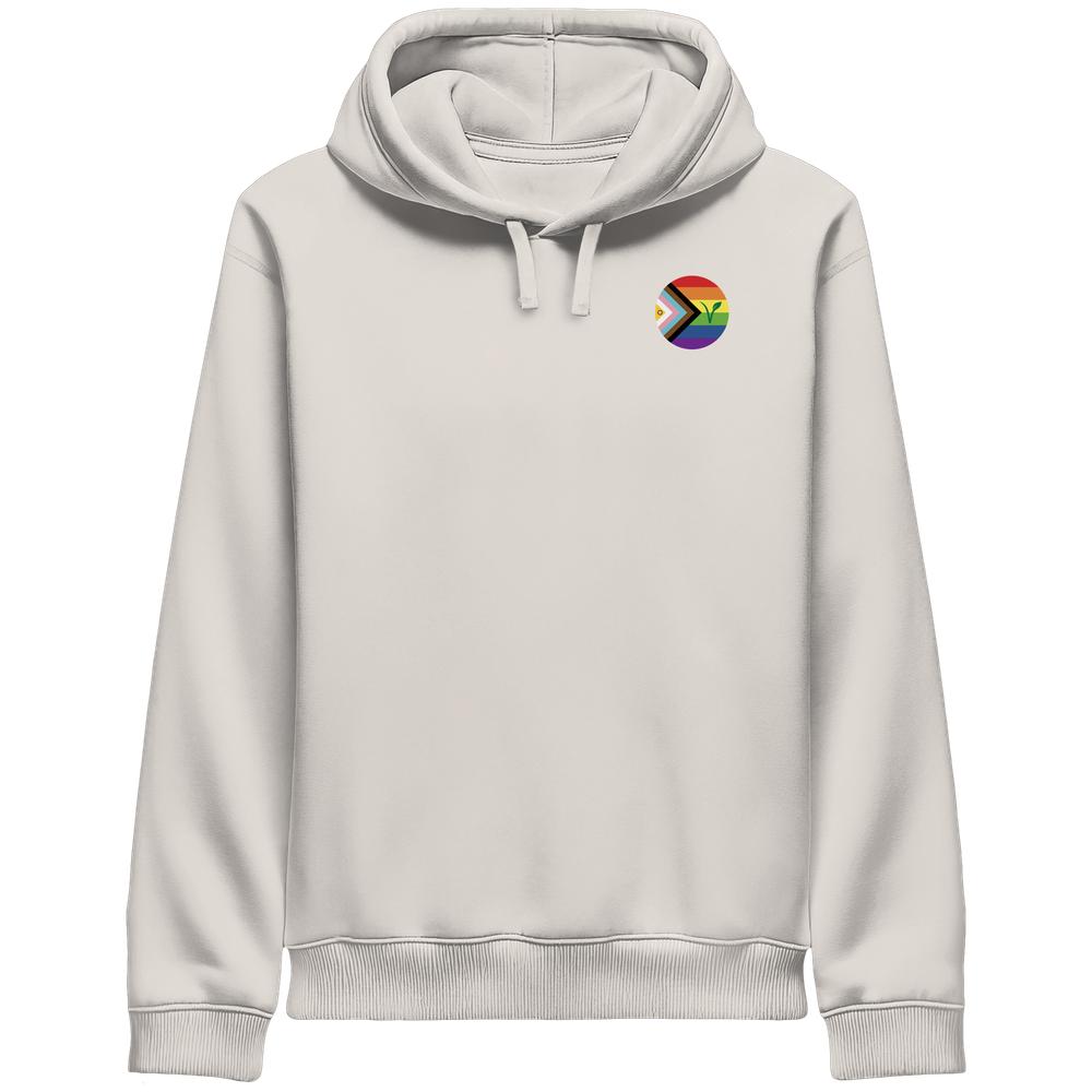 Kapuzensweatshirt in Vintage White mit Kängurutasche, Kordelzug und Regenbogen-Logo