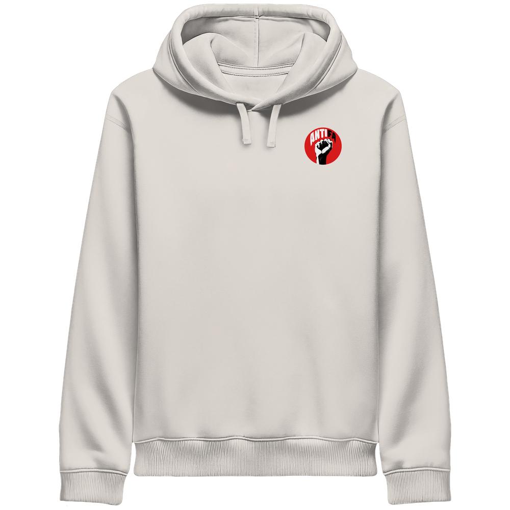 Herren-Hoodie in Vintage-Weiß mit Kapuze, Kordelzug und Brustlogo „ANTIFA“
