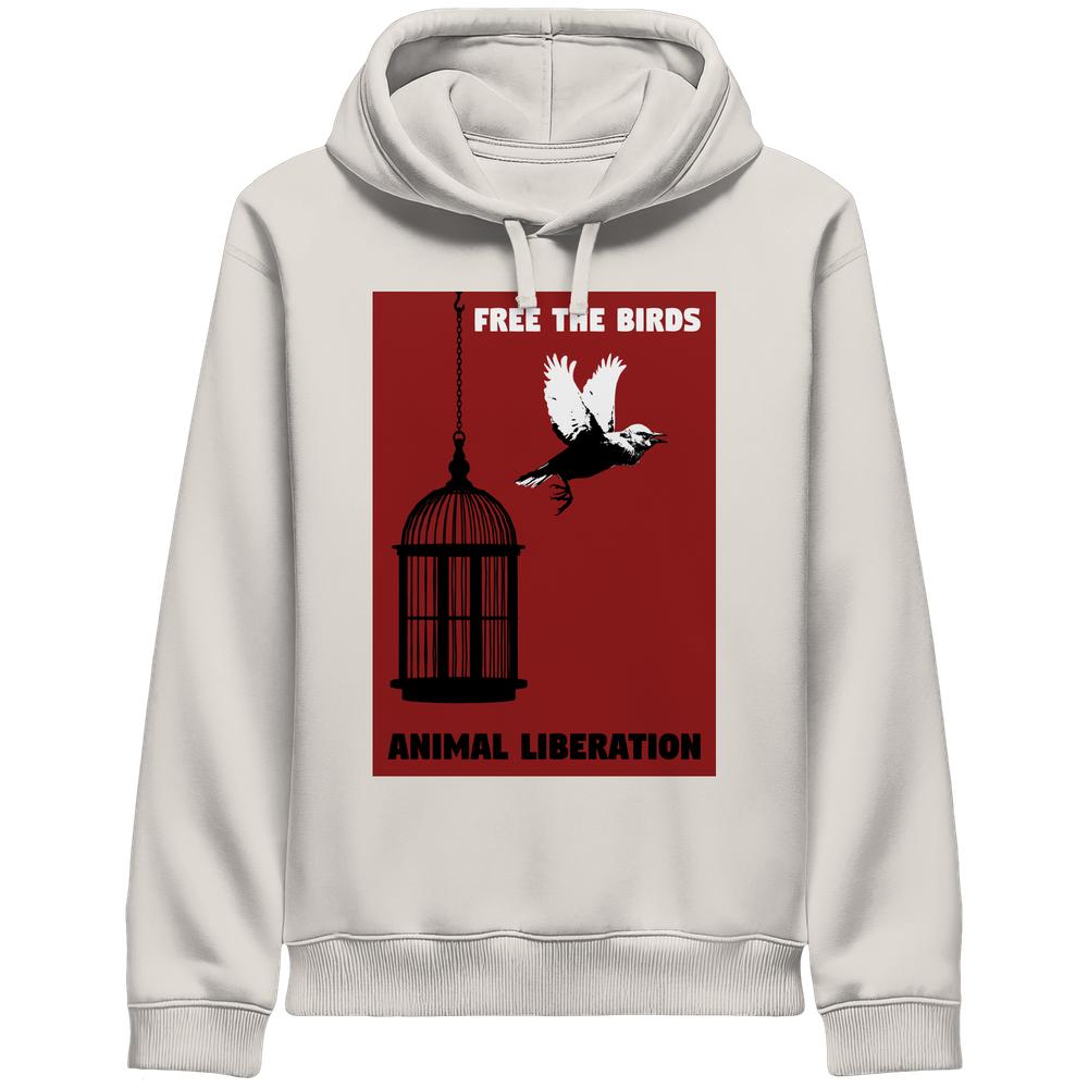 Vintage-weißer Hoodie mit Kapuze und Vogel-Käfig-Print vorne