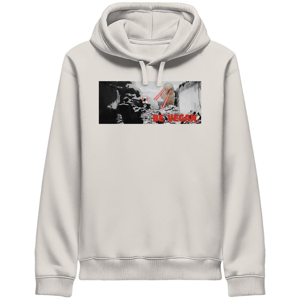 Vegan und Bio Side Pocket Hoodie: BE VEGAN. - Kapuzenpullover mit dystopischem Szenendruck, zeigt Ruinen, Mond mit roten Strahlen und BE VEGAN. Botschaft.