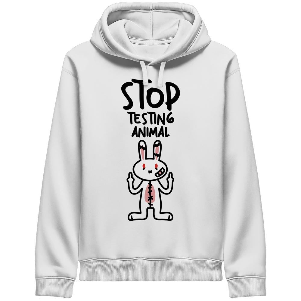 Vegan und Bio Side Pocket Hoodie: Angry Rabbit - Animal Rights, zeigt wütenden Hasen mit Wunden, der gegen Tierversuche protestiert. Hergestellt aus Bio-Baumwolle.