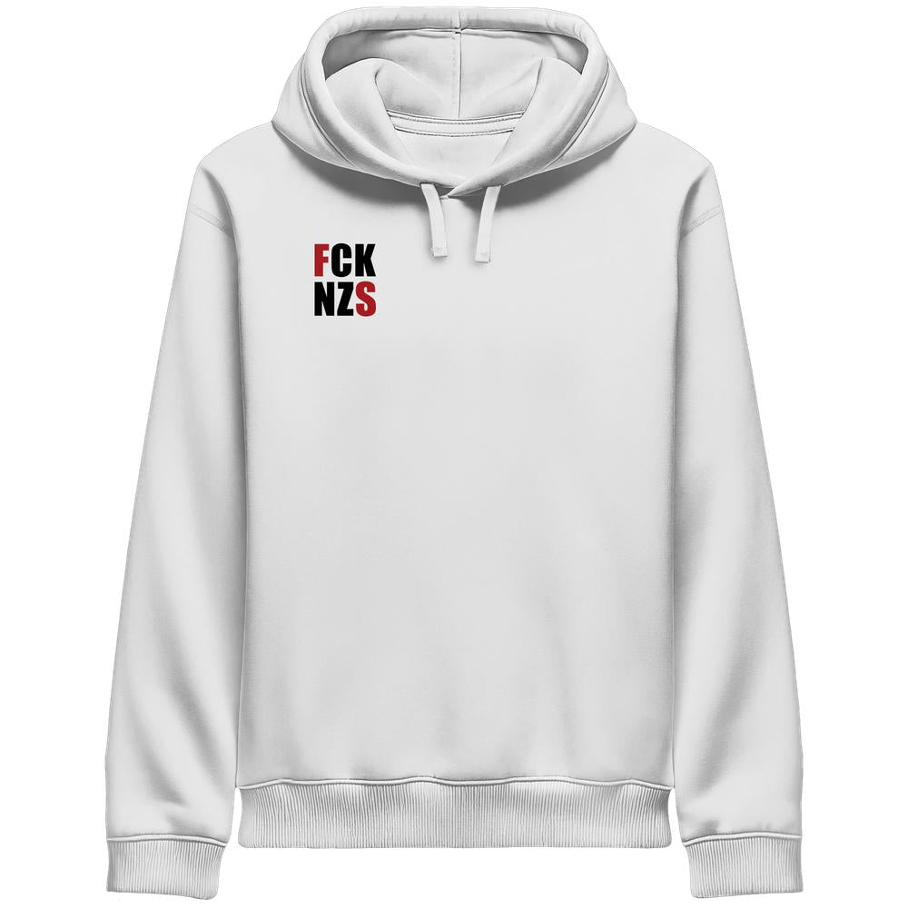 Vegan und Bio Unisex Side Pocket Hoodie: FCK NZS mit roten Highlights, minimalistisches Design, Kapuze mit Kordeln, seitliche Eingrifftaschen, aus Biobaumwolle und recyceltem Polyester.
