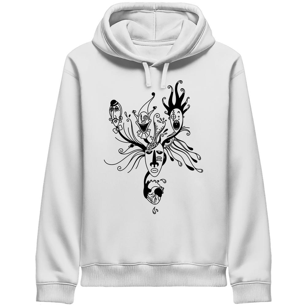 Vegan und Bio Unisex Side Pocket Hoodie: Mental Health - Behind the Mask... zeigt surrealistische Masken-Grafik, die individuelle Facetten und innere Fragen thematisiert.