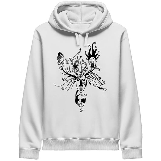 Vegan und Bio Unisex Side Pocket Hoodie: Mental Health - Behind the Mask... zeigt surrealistische Masken-Grafik, die individuelle Facetten und innere Fragen thematisiert.
