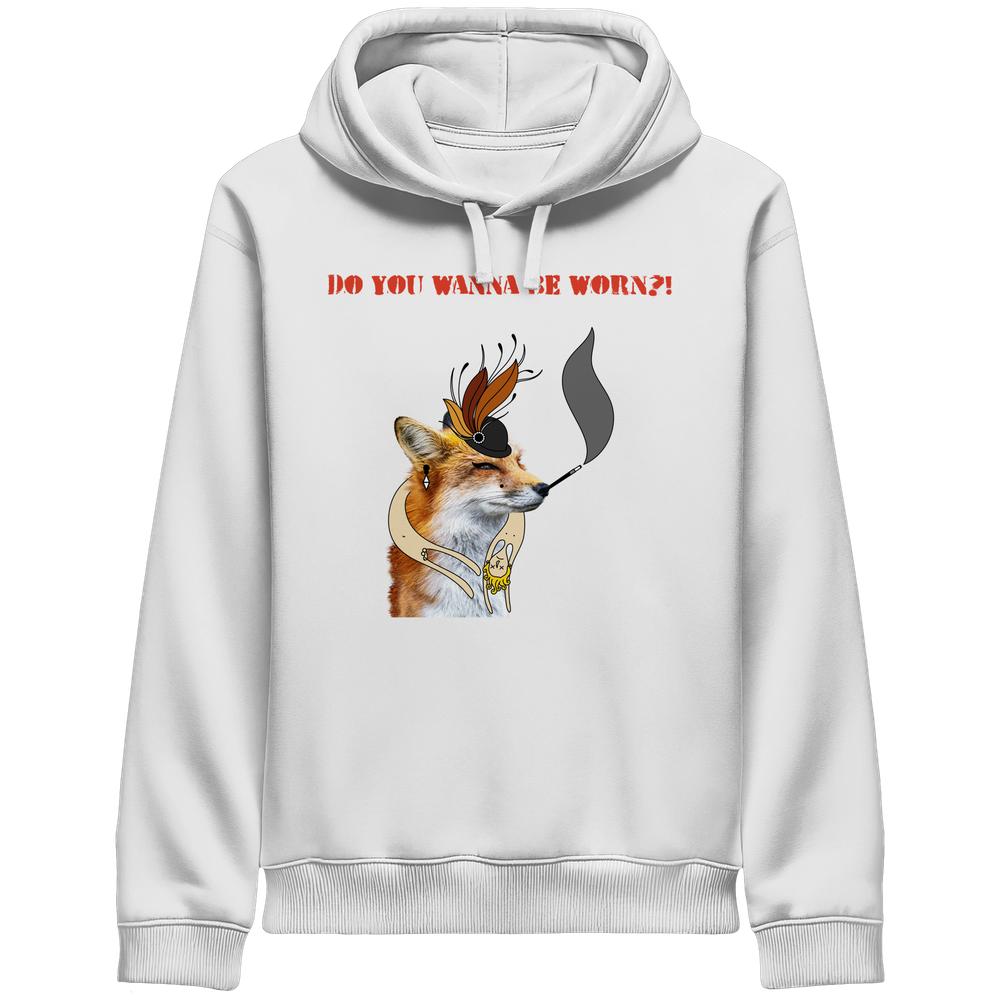 Weißer Hoodie mit Mrs. Fox-Design: Rotfuchs mit Hut und Schmuck, rauchend. Aufschrift: DO YOU WANNA BE WORN?!. Teil der Animal Liberation Society-Kollektion.