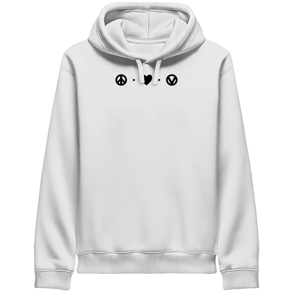 Unisex-Hoodie aus Bio-Baumwolle mit Kängurutaschen und Peace-Love-Veganism-Design: Frieden, Liebe, veganer Lebensstil. Nachhaltige Mode von RUDE REBEL.