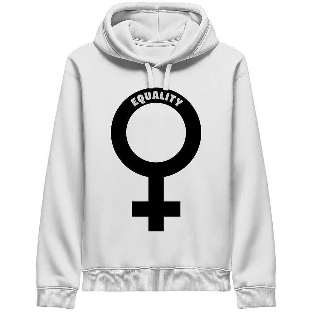 Weißer Unisex Hoodie mit Venus-Symbol und EQUALITY Schriftzug, aus Bio-Baumwolle und recyceltem Polyester, symbolisiert feministische Gleichberechtigung.