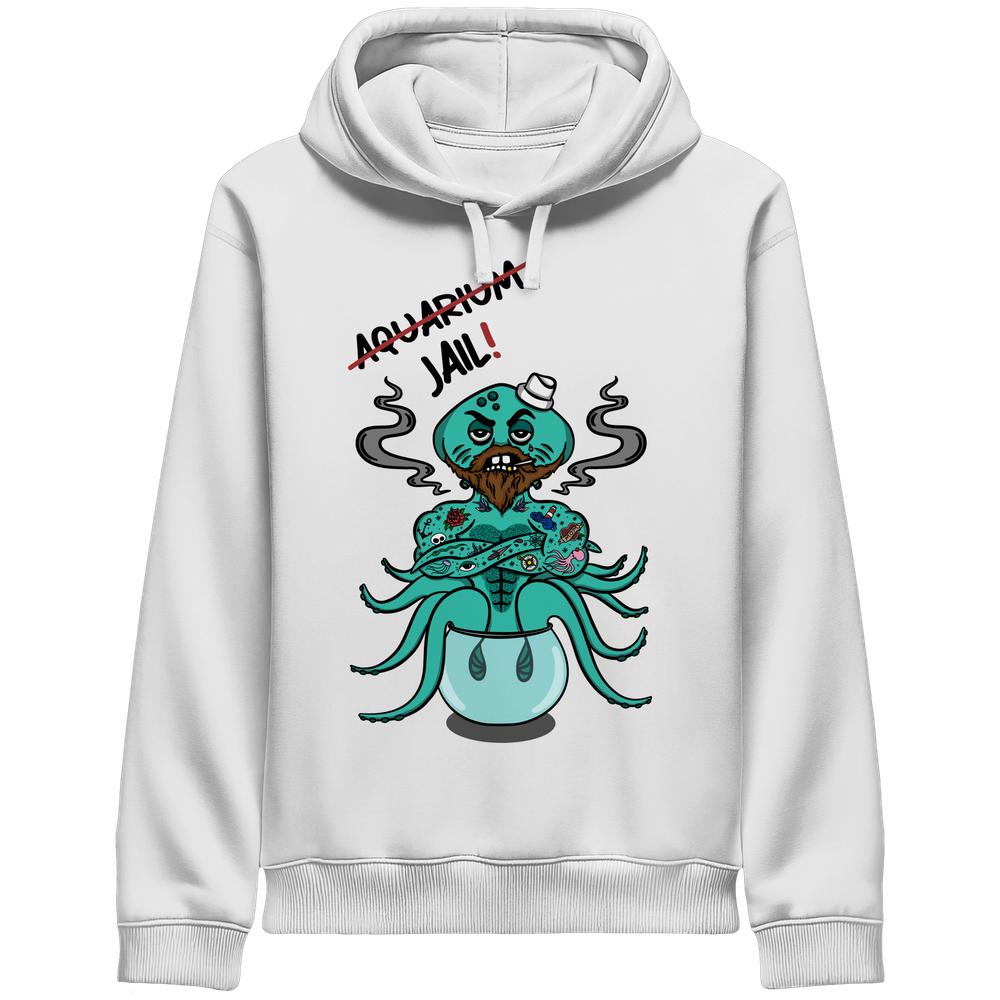 Vegan und Bio Unisex Side Pocket Hoodie: Cartoon-Oktopus im Fischglas mit „Aquarium=Jail!“-Schriftzug, symbolisiert Tierrechte und Veganismus. Nachhaltiger Baumwoll-Polyester-Mix.