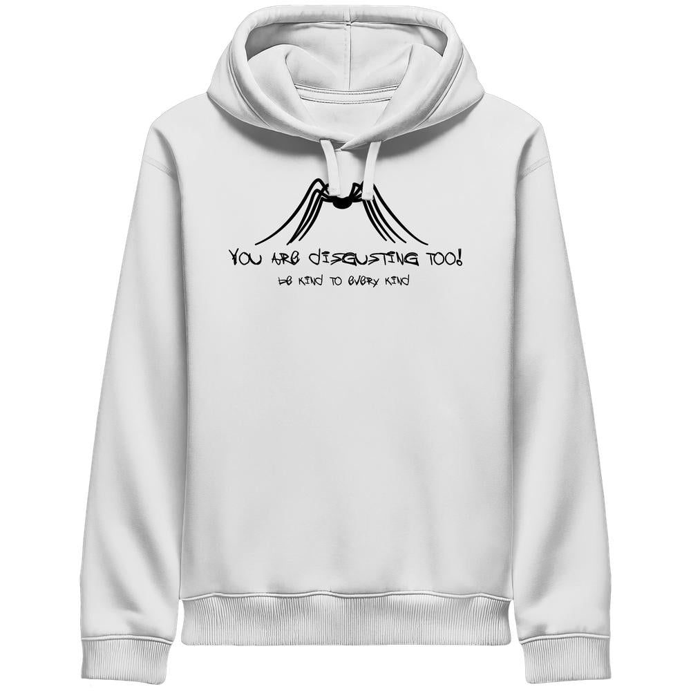 Vegan und Bio Unisex Hoodie mit schwarzem Spinnenmotiv und Spruch: Be kind to every kind. Nachhaltig aus Bio-Baumwolle und recyceltem Polyester.