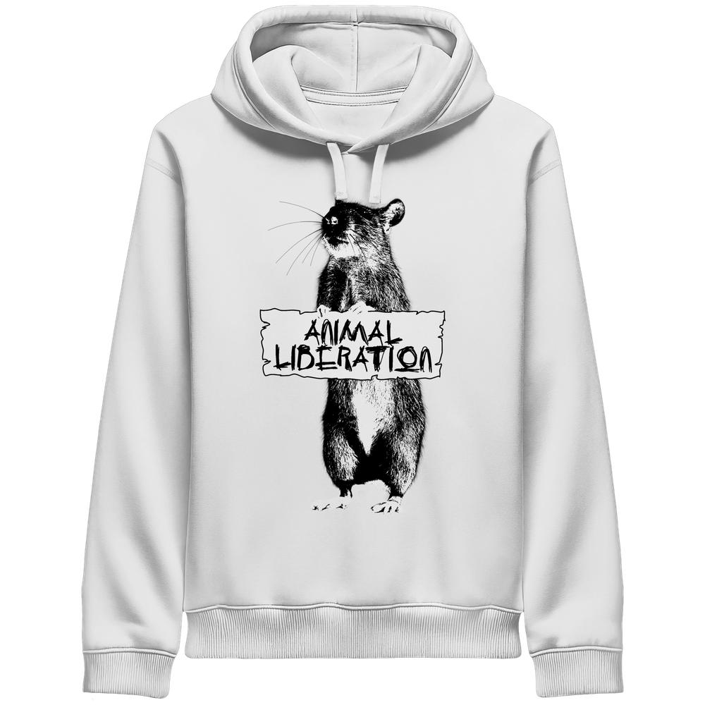 Vegan und Bio Unisex Side Pocket Hoodie mit Ratten-Illustration ANIMAL LIBERATION, inspiriert von Banksy, aus Bio-Baumwolle und recyceltem Polyester, von RUDE REBEL.