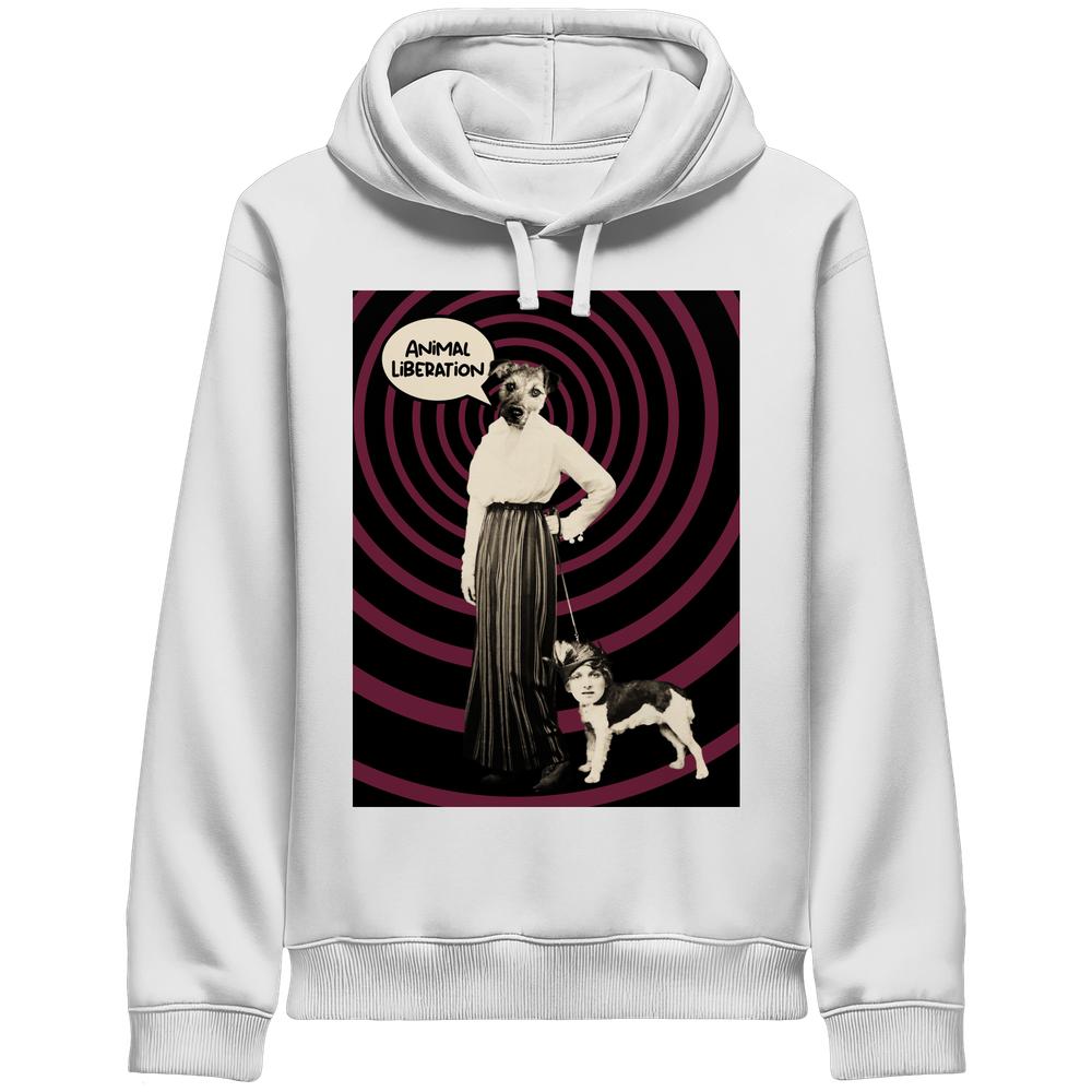 Vegan und Bio Unisex Side Pocket Hoodie mit surrealem Tierbefreiungsdesign: Hundekopf-Figur mit Sprechblase „Animal Liberation“ und menschlich-köpfigem Hund an der Leine.
