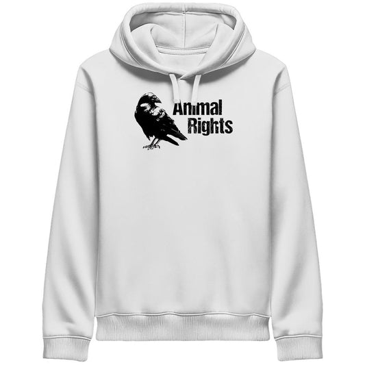 Vegan und Bio Unisex Side Pocket Hoodie: Raven - Animal Rights. Weißer Hoodie mit gehocktem Raben und Animal Rights Schriftzug. Bio-Baumwolle, recycelter Polyester, politische Botschaft im Design.